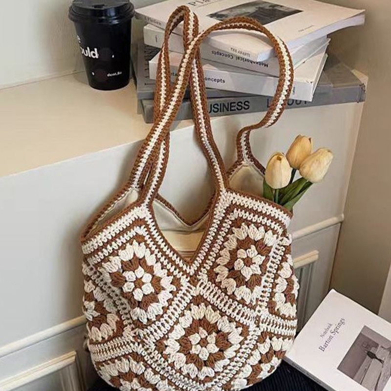 Rural style sunflower flower hand woven handbag, travel and vacation shoulder bag