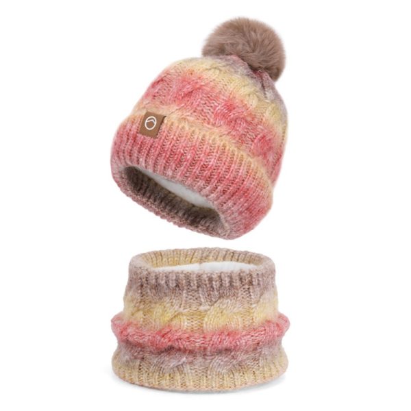 Winter warm hat scarf two-piece set with thick velvet and gradient color knitted yarn hat, fashionable
