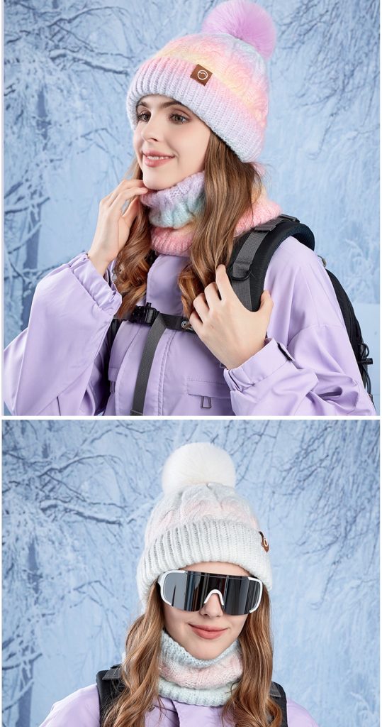 Winter warm hat scarf two-piece set with thick velvet and gradient color knitted yarn hat, fashionablepic