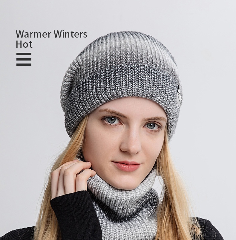 Winter Warm Hat Neck Two Piece Set Striped and Velvet Thickened Gradient Color Knitted Wool Hat for Girls插图