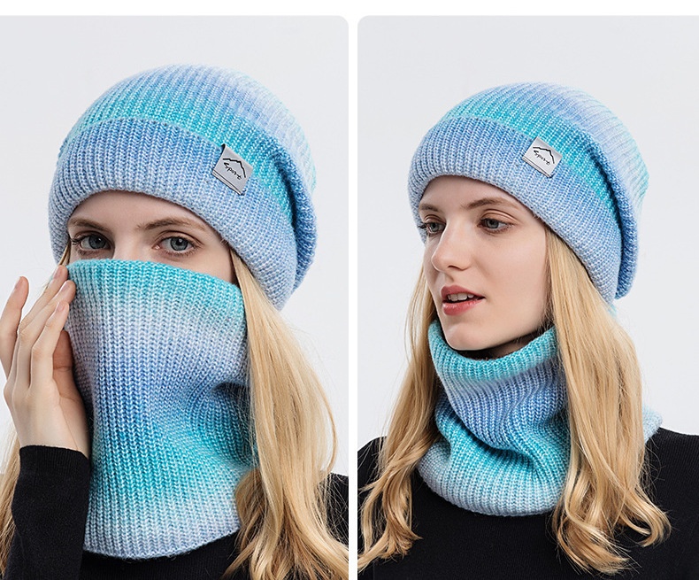 Winter Warm Hat Neck Two Piece Set Striped and Velvet Thickened Gradient Color Knitted Wool Hat for Girls插图3