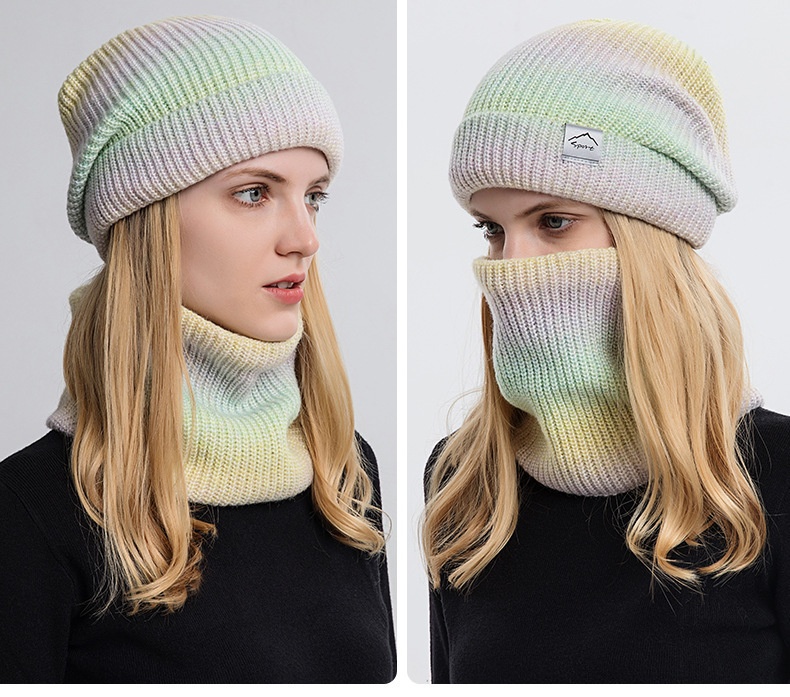 Winter Warm Hat Neck Two Piece Set Striped and Velvet Thickened Gradient Color Knitted Wool Hat for Girls插图4