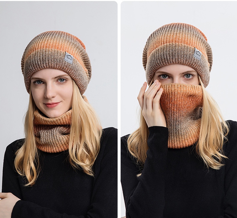 Winter Warm Hat Neck Two Piece Set Striped and Velvet Thickened Gradient Color Knitted Wool Hat for Girls插图5