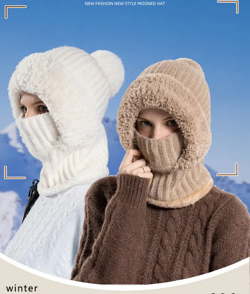 Girls winter fashion warm knitted hat scarf and mask integrated hat插图