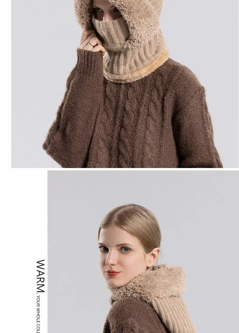 Girls winter fashion warm knitted hat scarf and mask integrated hat插图3