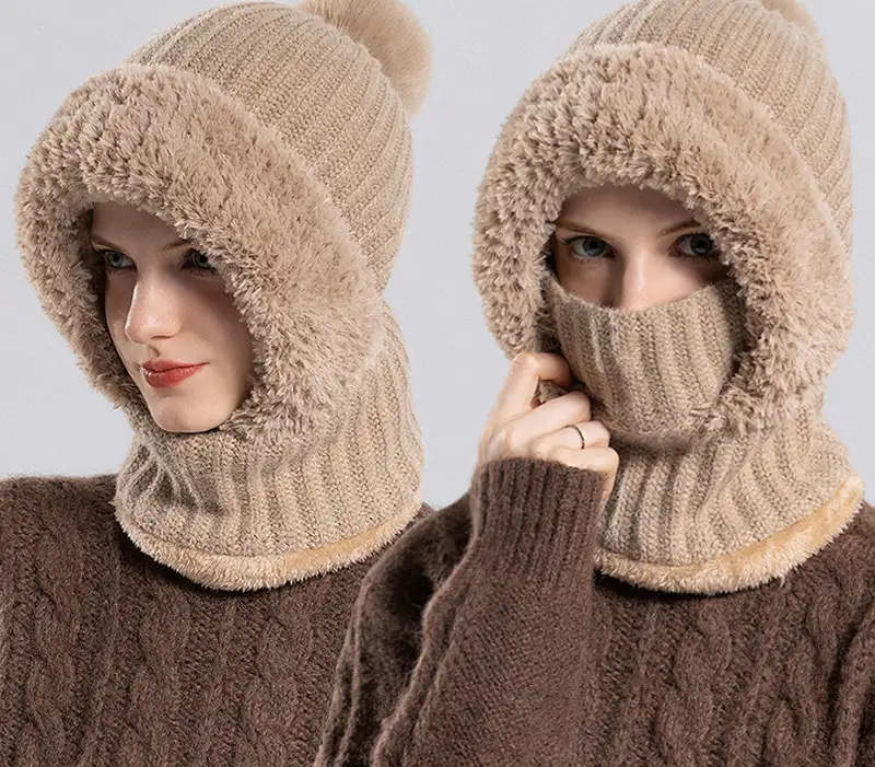 Girls winter fashion warm knitted hat scarf and mask integrated hat插图5