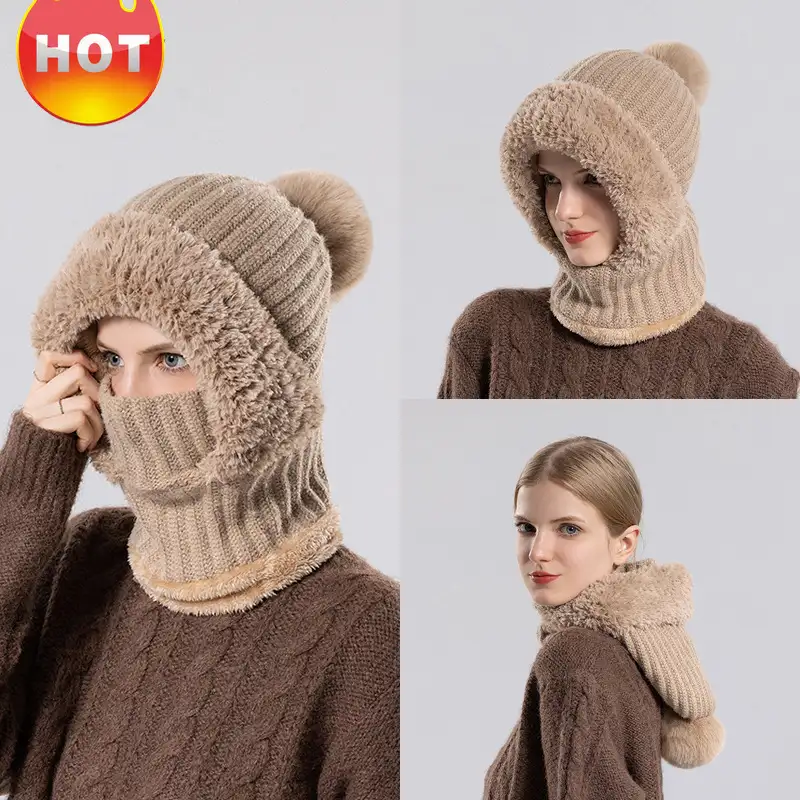 Girls winter fashion warm knitted hat scarf and mask integrated hat插图6