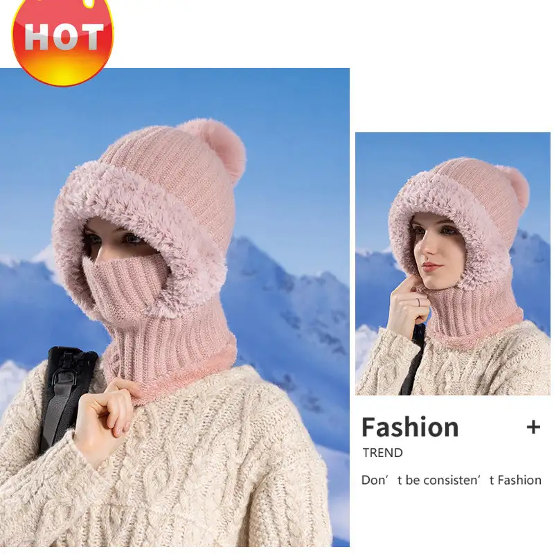 Girls winter fashion warm knitted hat scarf and mask integrated hat插图7