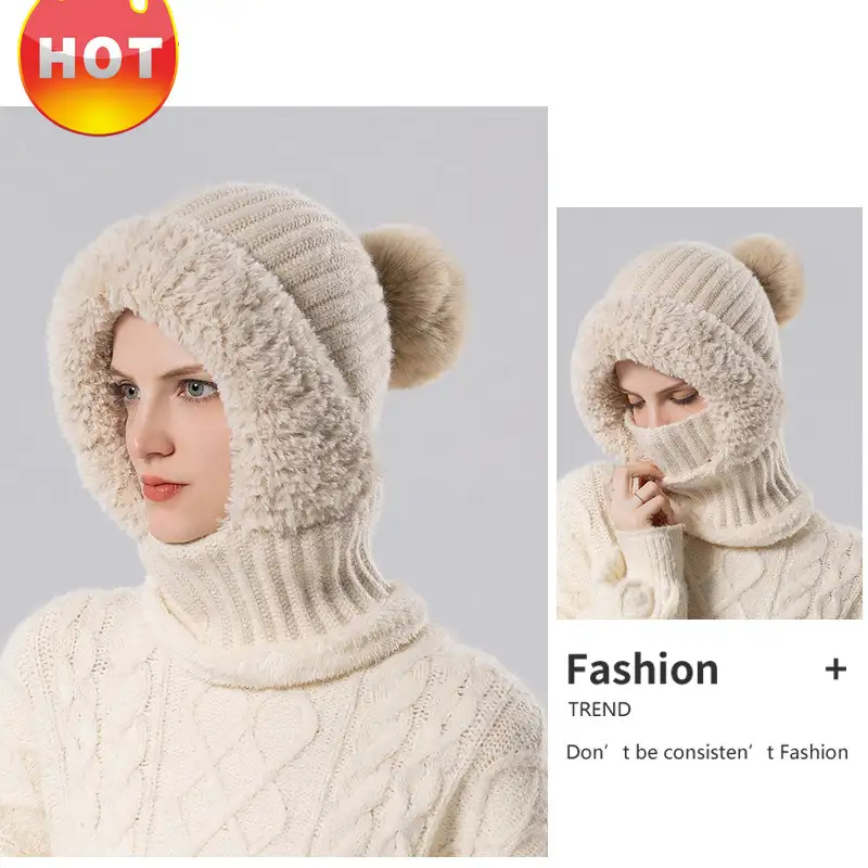 Girls winter fashion warm knitted hat scarf and mask integrated hat插图8