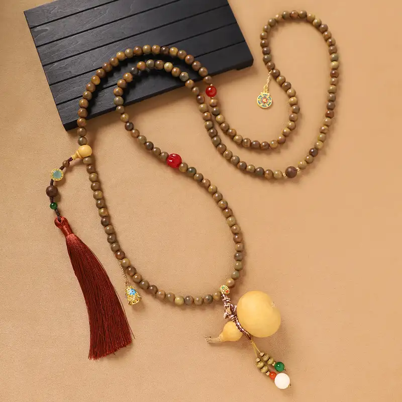 New Chinese style beaded necklace gourd crossbody chain good luck green sandalwood插图