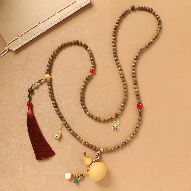New Chinese style beaded necklace gourd crossbody chain good luck green sandalwood插图3